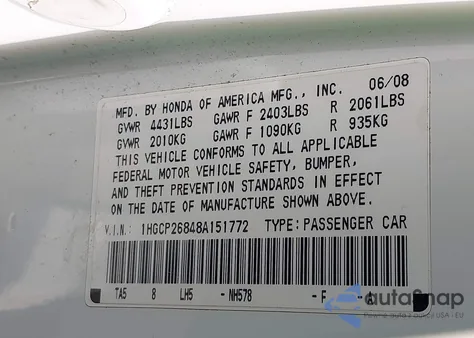 2008 Honda Accord Exl from USA, damaged, VIN 1HGCP26848A151772